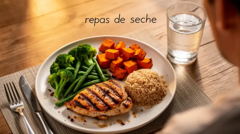 repas de seche assiette poulet grille legumes verts patate douce riz complet eau