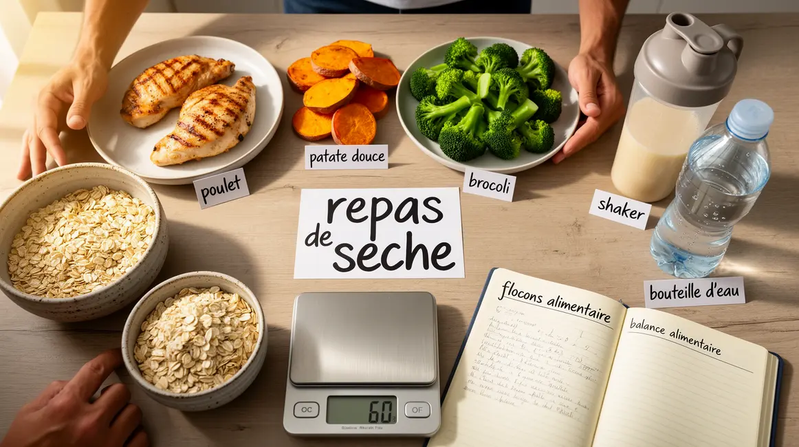 repas de seche photorealiste poulet patate brocoli shaker balance cahier