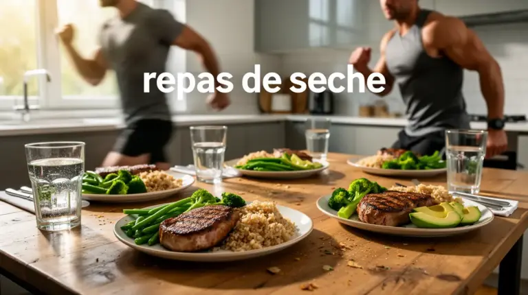 Repas de sèche pour homme avec viande, légumes, riz, avocat, verre d'eau