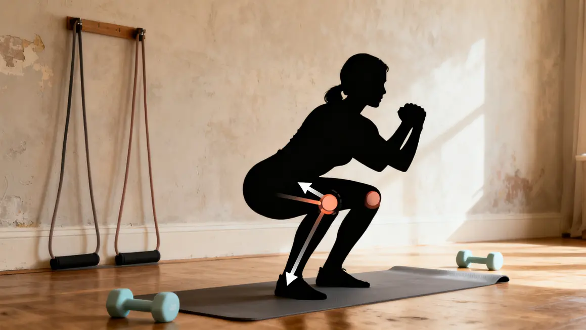 Squat débutant échauffement articulaire, silhouette et schéma