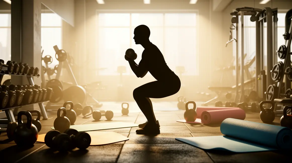 Personne effectuant un squat en salle de sport moderne, squat débutant 2026