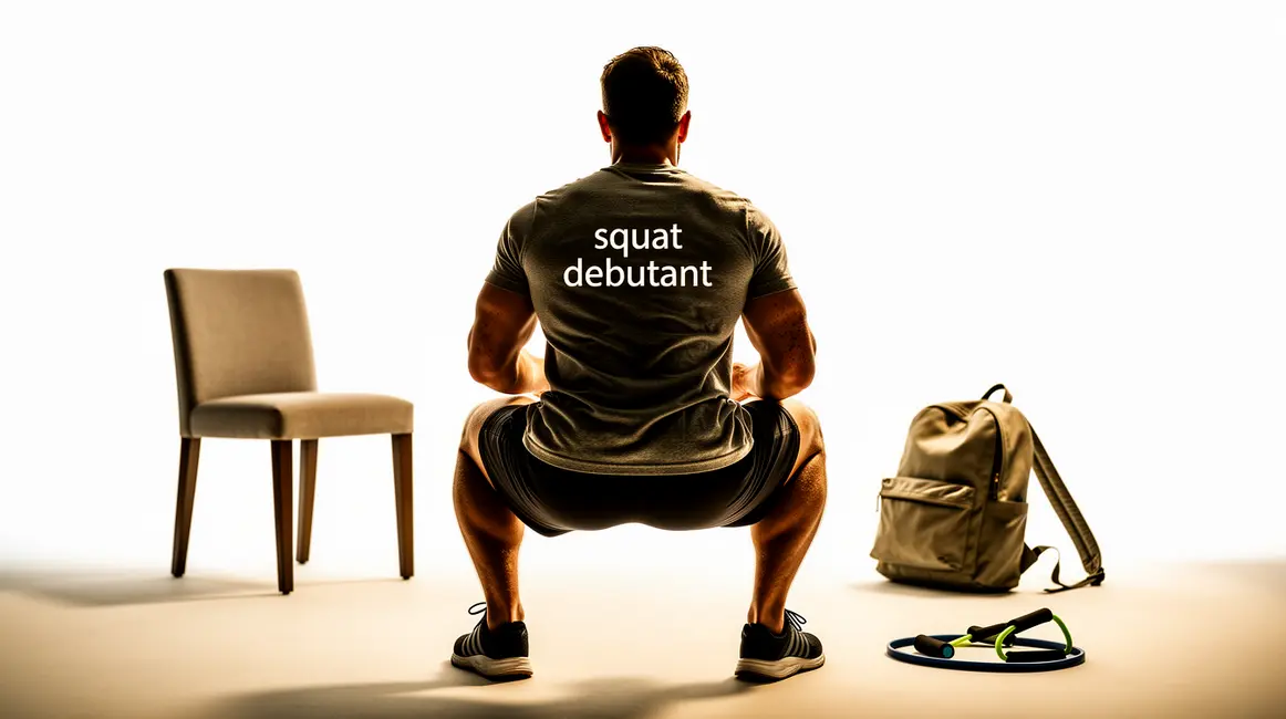 Squat débutant homme avec accessoires fitness chaise sac à dos bande élastique