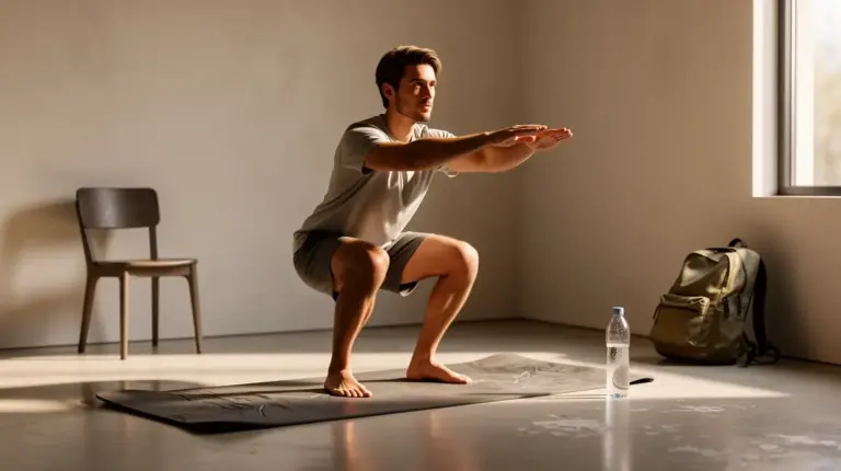 Squat debutant sur tapis minimaliste avec accessoires maison