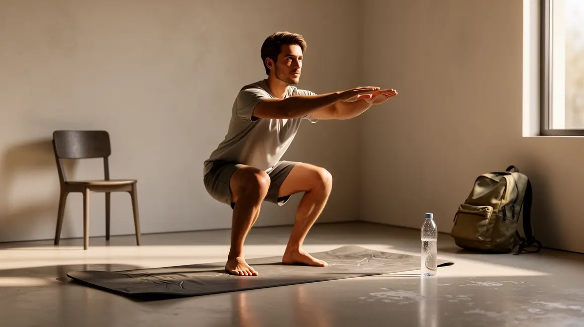 Squat debutant sur tapis minimaliste avec accessoires maison
