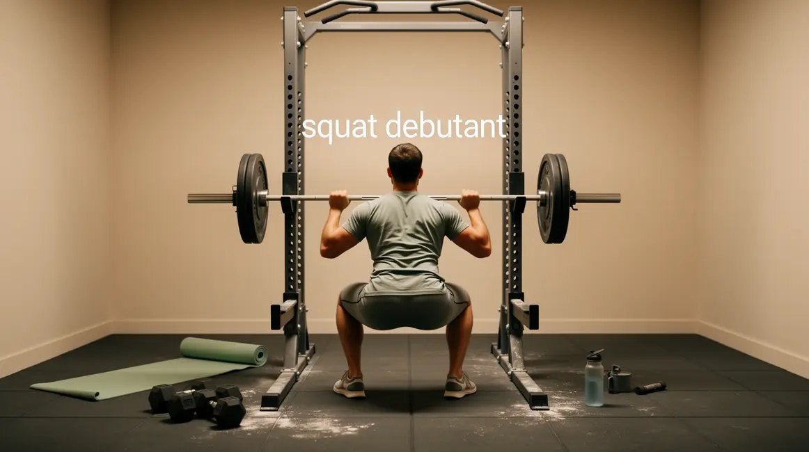 squat debutant de dos dans salle minimaliste