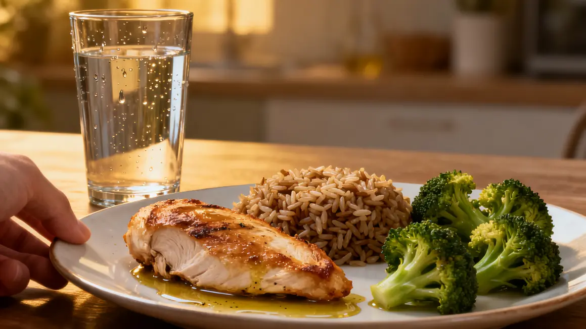 Assiette sèche homme poulet riz brocolis huile d'olive quantités