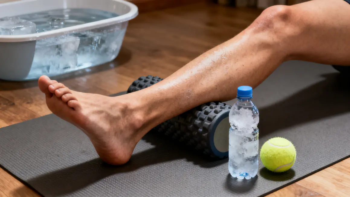 Recuperation jambes foam roller bouteille congelée bain froid