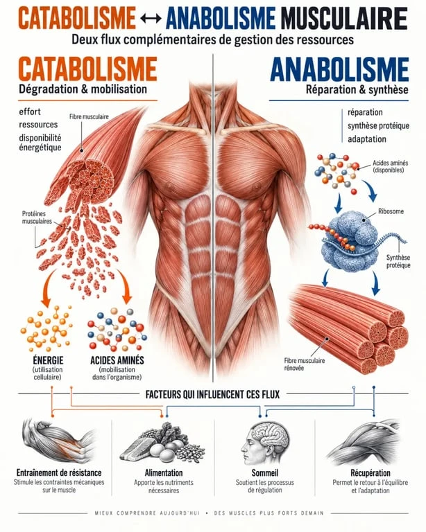 Infographie expliquant le catabolisme musculaire et son équilibre avec l’anabolisme
