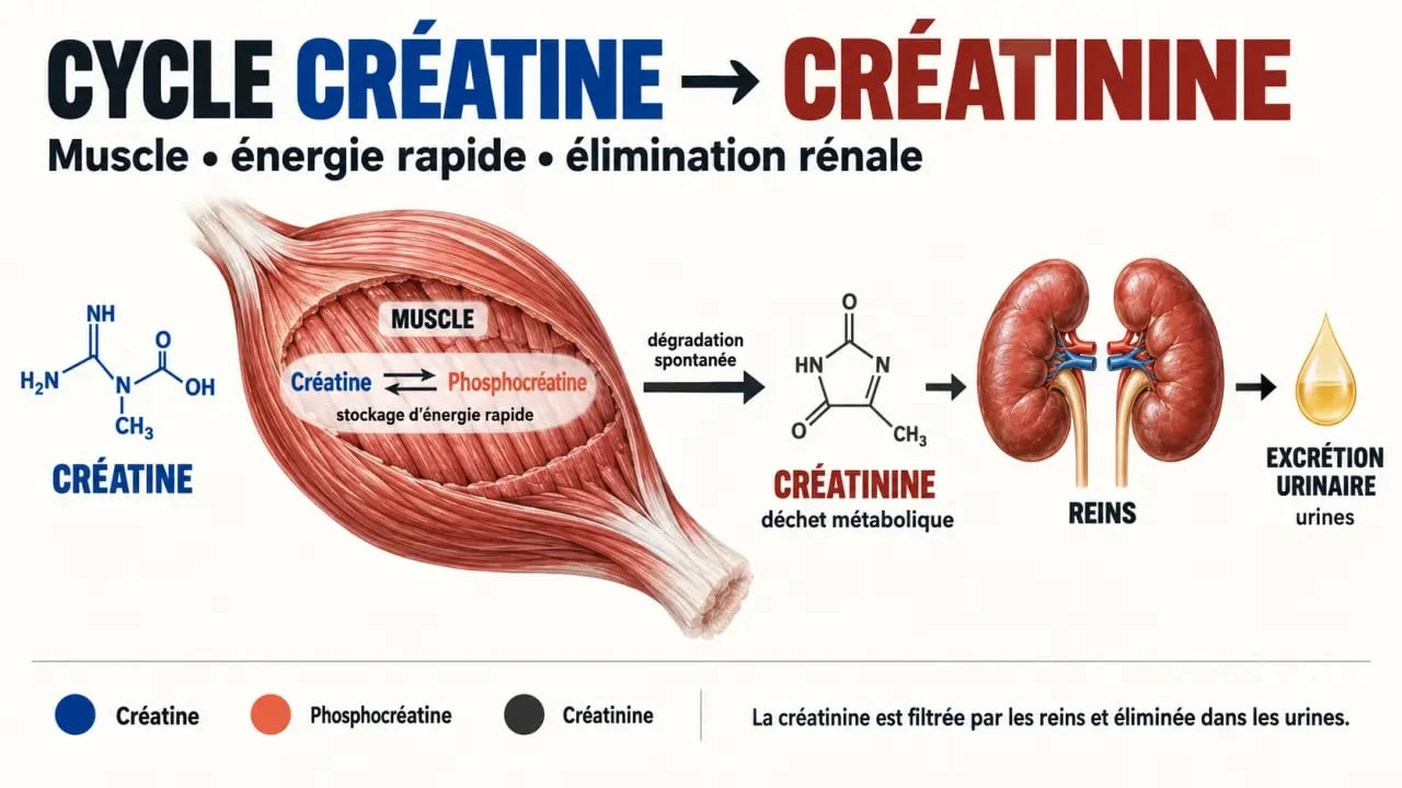 Schéma créatine et créatinine expliquant le risque de créatine pour les reins