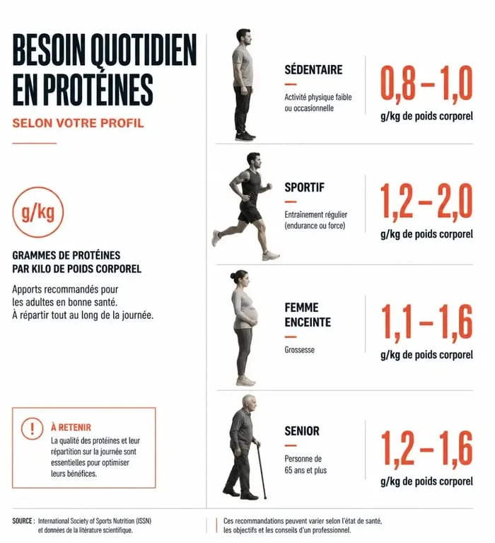 Infographie combien de grammes de protéines par jour selon le profil (sédentaire, sportif, grossesse, senior)