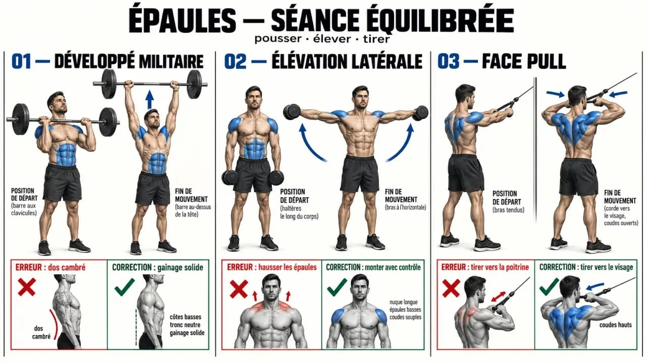 Meilleur exercice épaules : illustration du développé militaire, des élévations latérales et du face pull