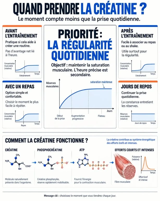 Infographie expliquant quand prendre la créatine avant ou après l’entraînement et les jours de repos
