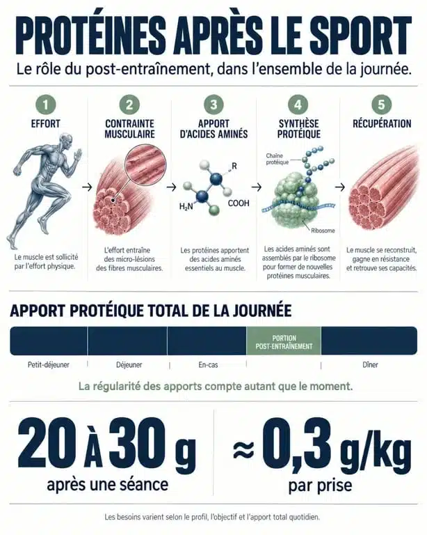 Infographie sur la protéine après le sport et les étapes de la récupération musculaire