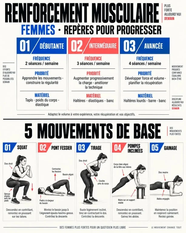 Infographie sur le renforcement musculaire femme selon le niveau et la fréquence