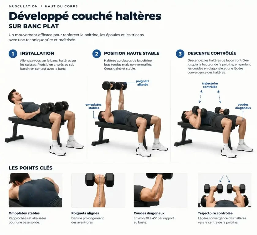 Illustration technique du développé couché haltères avec placement des épaules, des poignets et des coudes