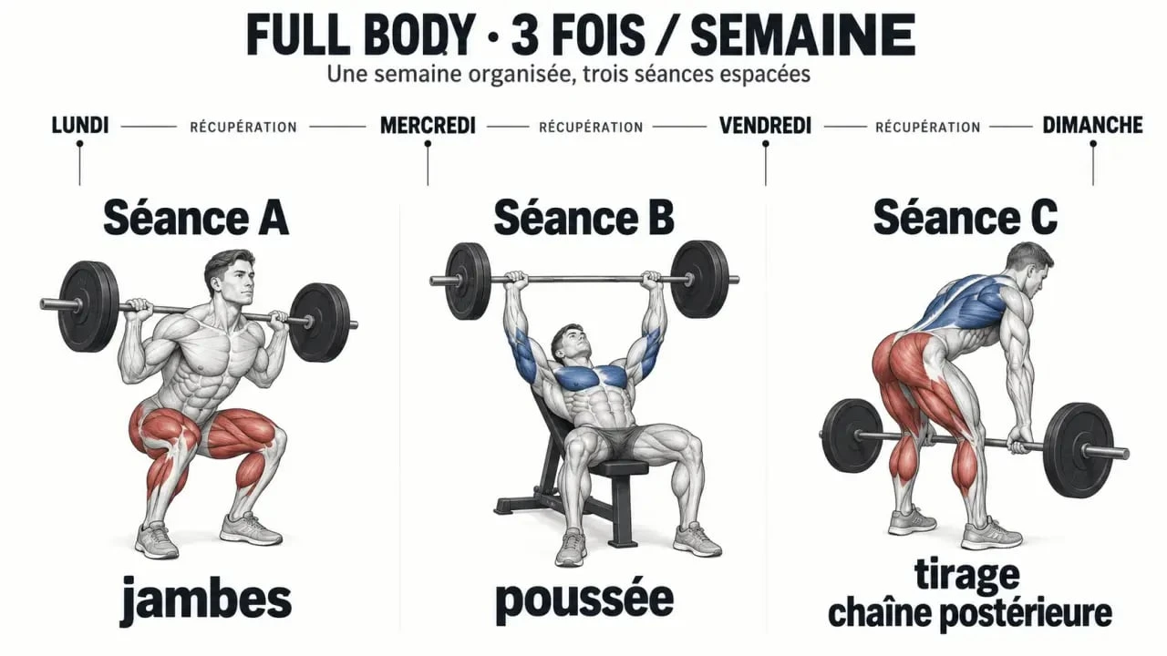 Programme de musculation 3 fois par semaine full body organisé en trois séances