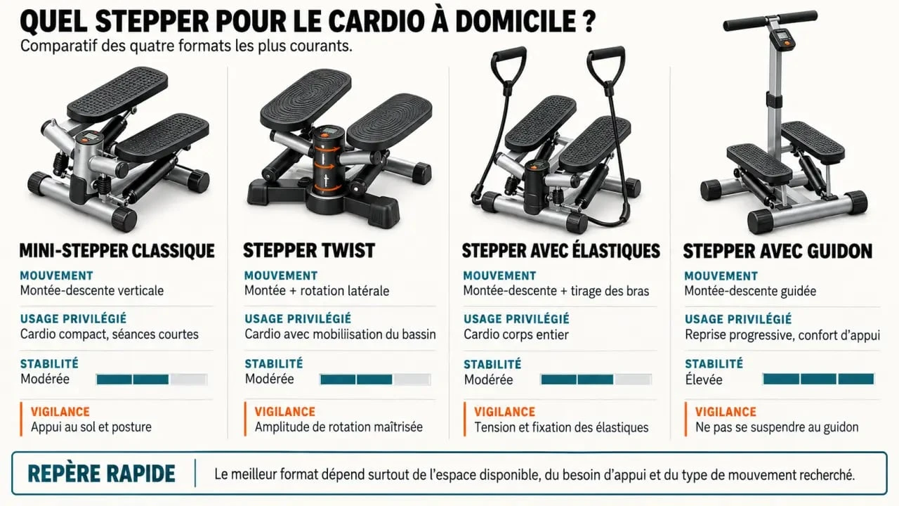 Infographie comparative des modèles de stepper cardio domicile