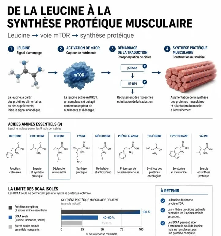 BCAA avantages musculaires : mécanisme leucine mTOR et synthèse protéique