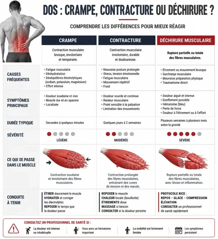 Tableau comparatif des lésions musculaires : crampe, contracture et déchirure au dos