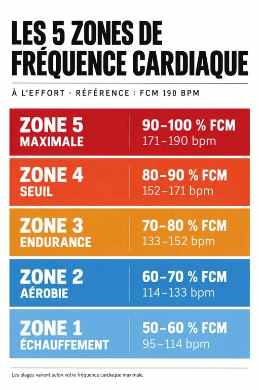 Infographie des zones de fréquence cardiaque sport de 50 à 100% de la FCM