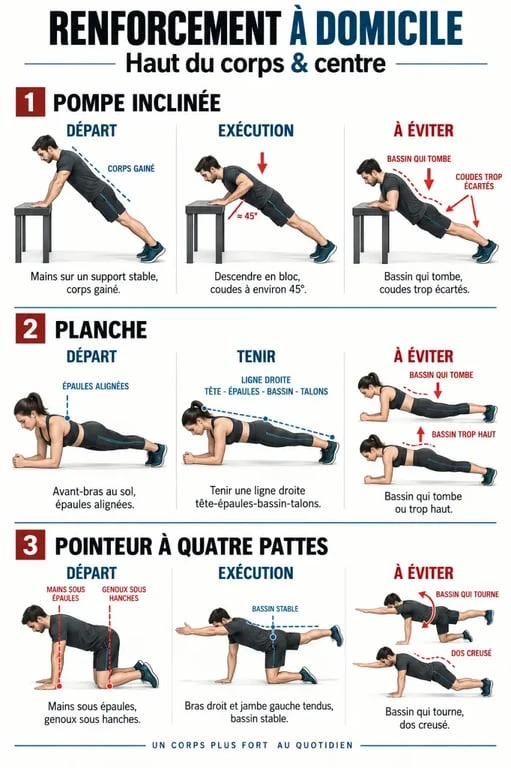 Exo renforcement musculaire : pompe, planche et pointeur avec les bons placements
