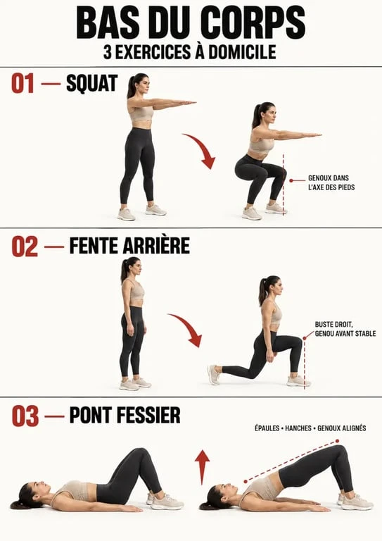 Exo renforcement musculaire : squat, fente arrière et pont fessier avec les positions correctes