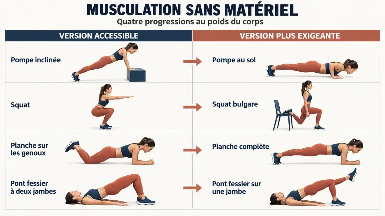 Programme de musculation sans matériel : progression des variantes d'exercices au poids du corps