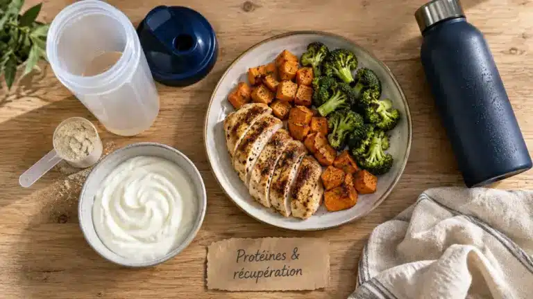 Protéine apres le sport : shaker whey et repas de récupération (poulet, patate douce, fromage blanc).