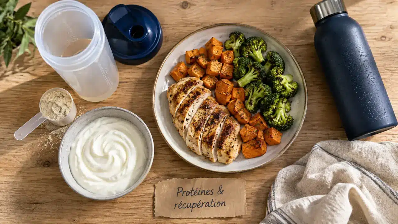 Protéine apres le sport : shaker whey et repas de récupération (poulet, patate douce, fromage blanc).