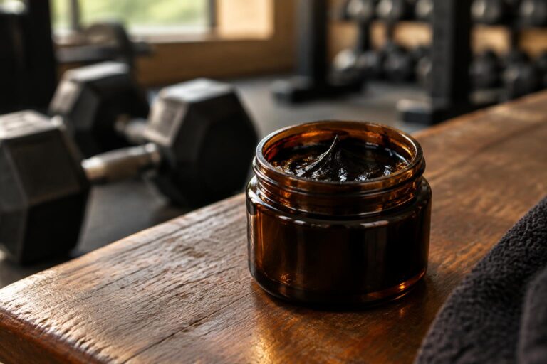 Résine de shilajit purifié dans un bocal en verre, en salle de musculation