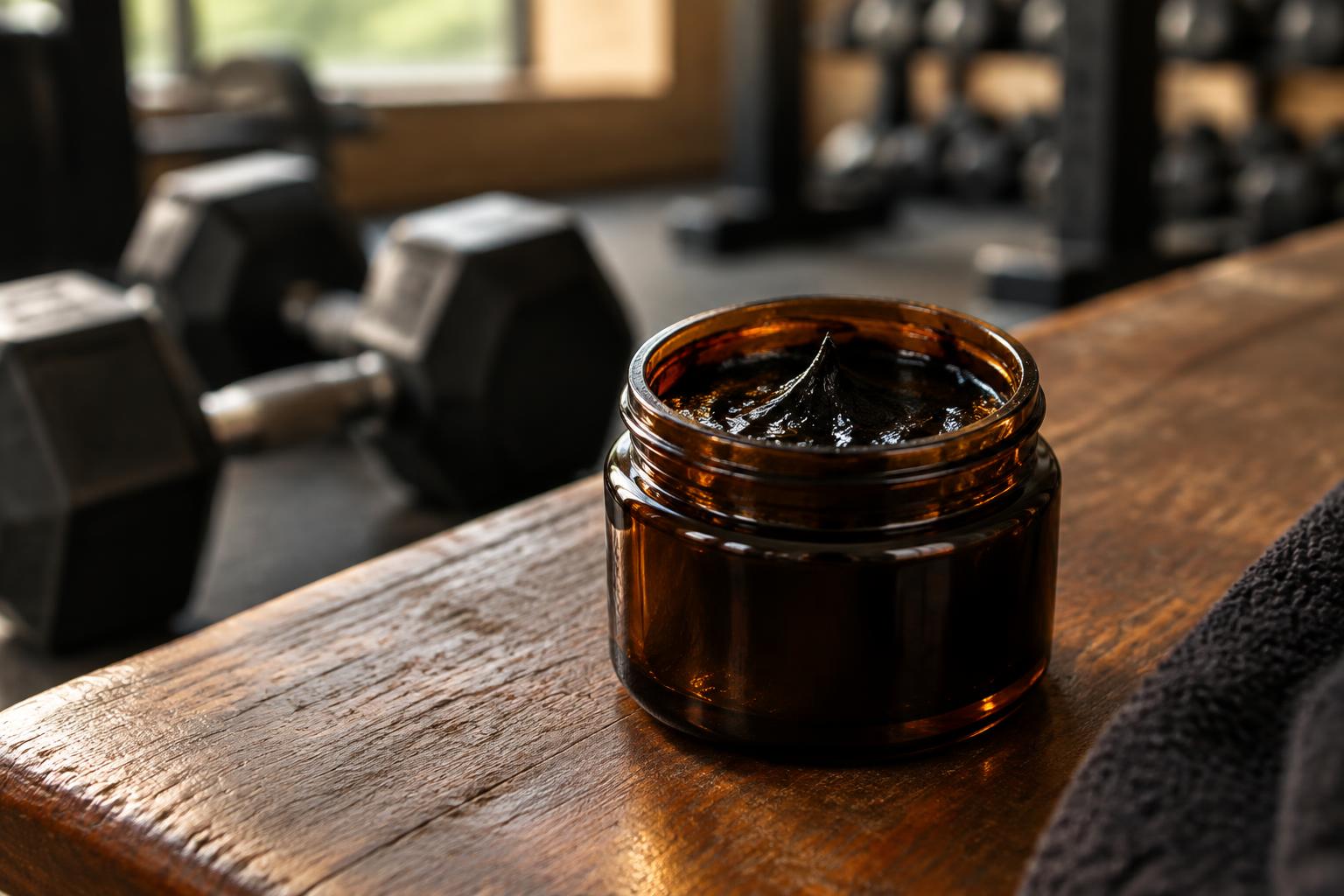 Résine de shilajit purifié dans un bocal en verre, en salle de musculation