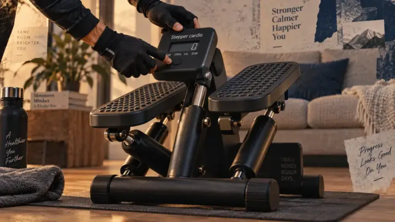 Stepper cardio domicile compact sur tapis antidérapant, renforce les jambes