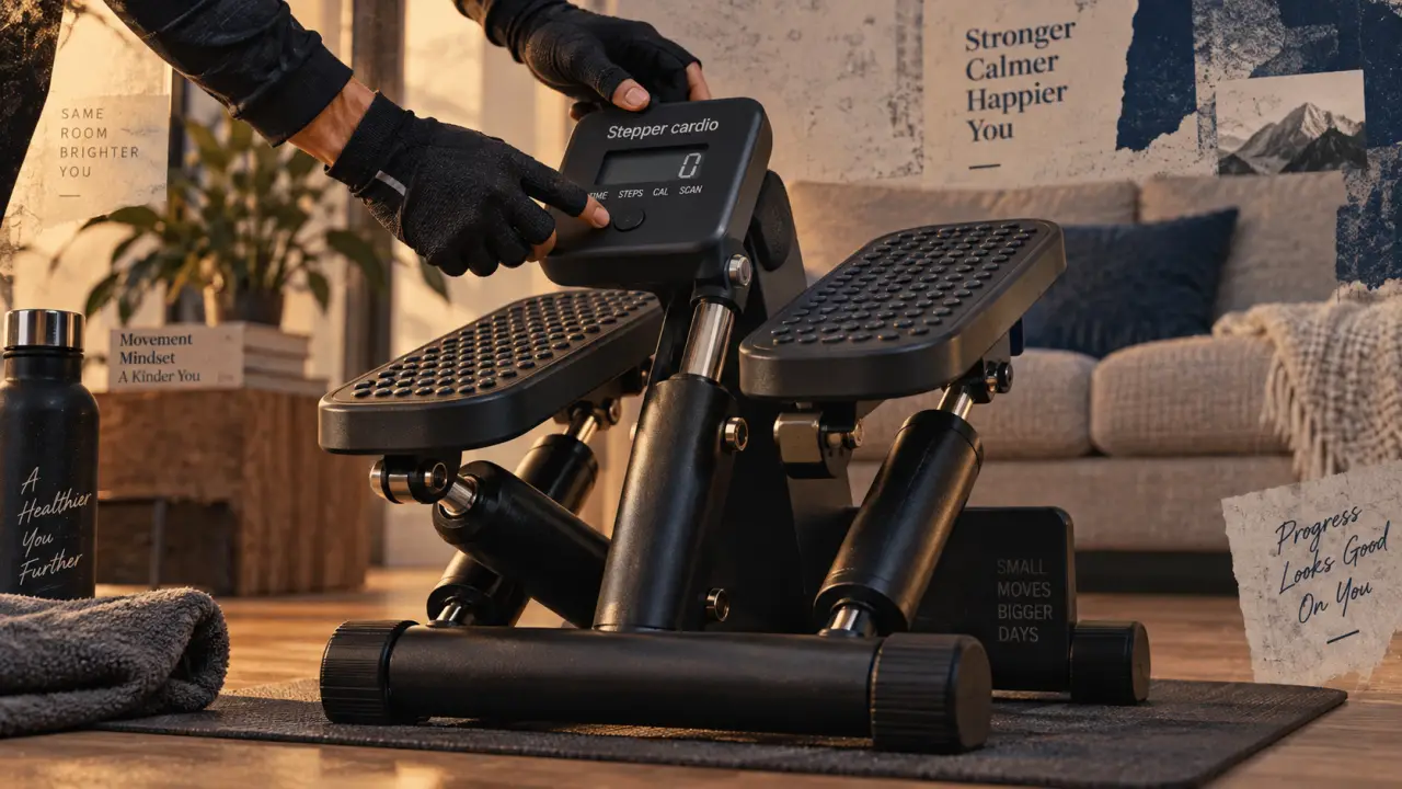 Stepper cardio domicile compact sur tapis antidérapant, renforce les jambes