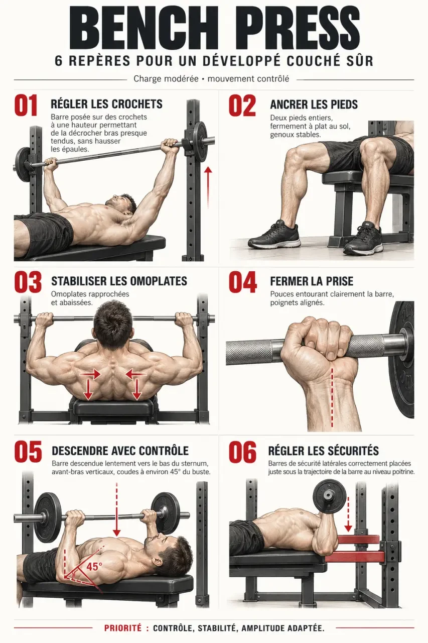 Bench muscu : étapes et position de sécurité pour réaliser un développé couché