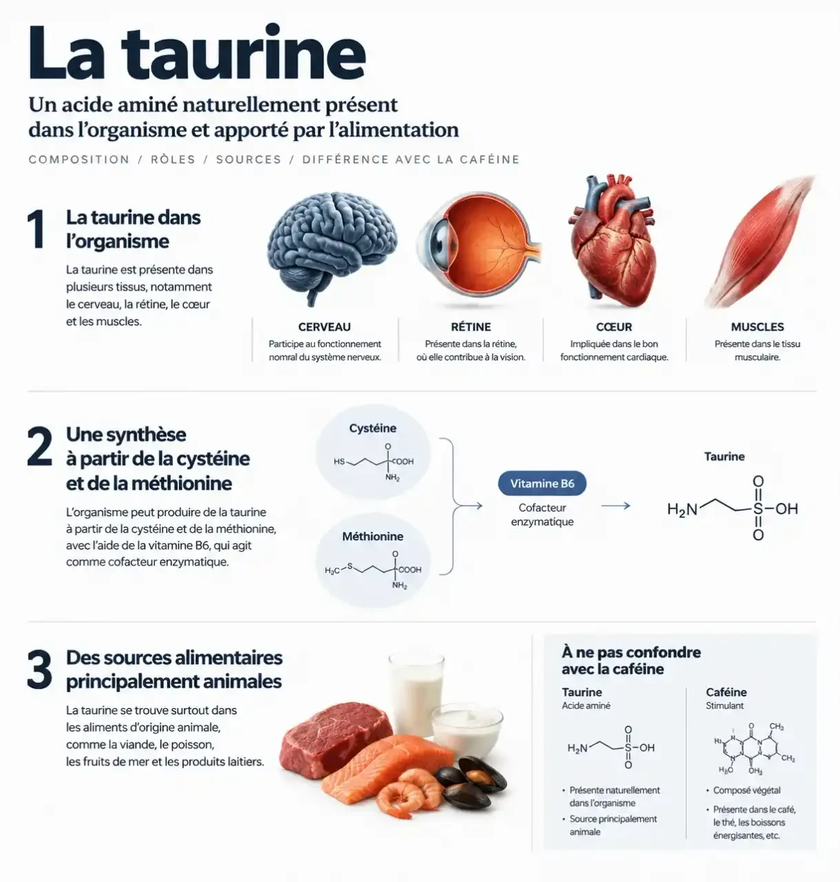 Infographie scientifique sur la taurine complément alimentaire, ses sources, sa synthèse dans l’organisme et sa différence avec la caféine