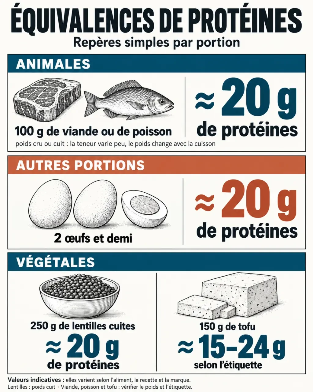 Tableau équivalence protéine : comparaison visuelle des apports par portion