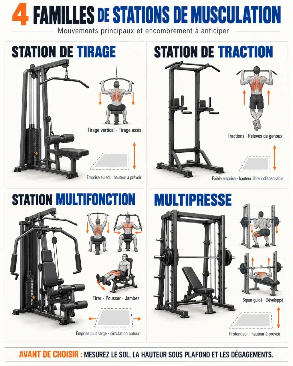 Station de musculation : comparaison visuelle des modèles de tirage, traction, multifonction et multipresse