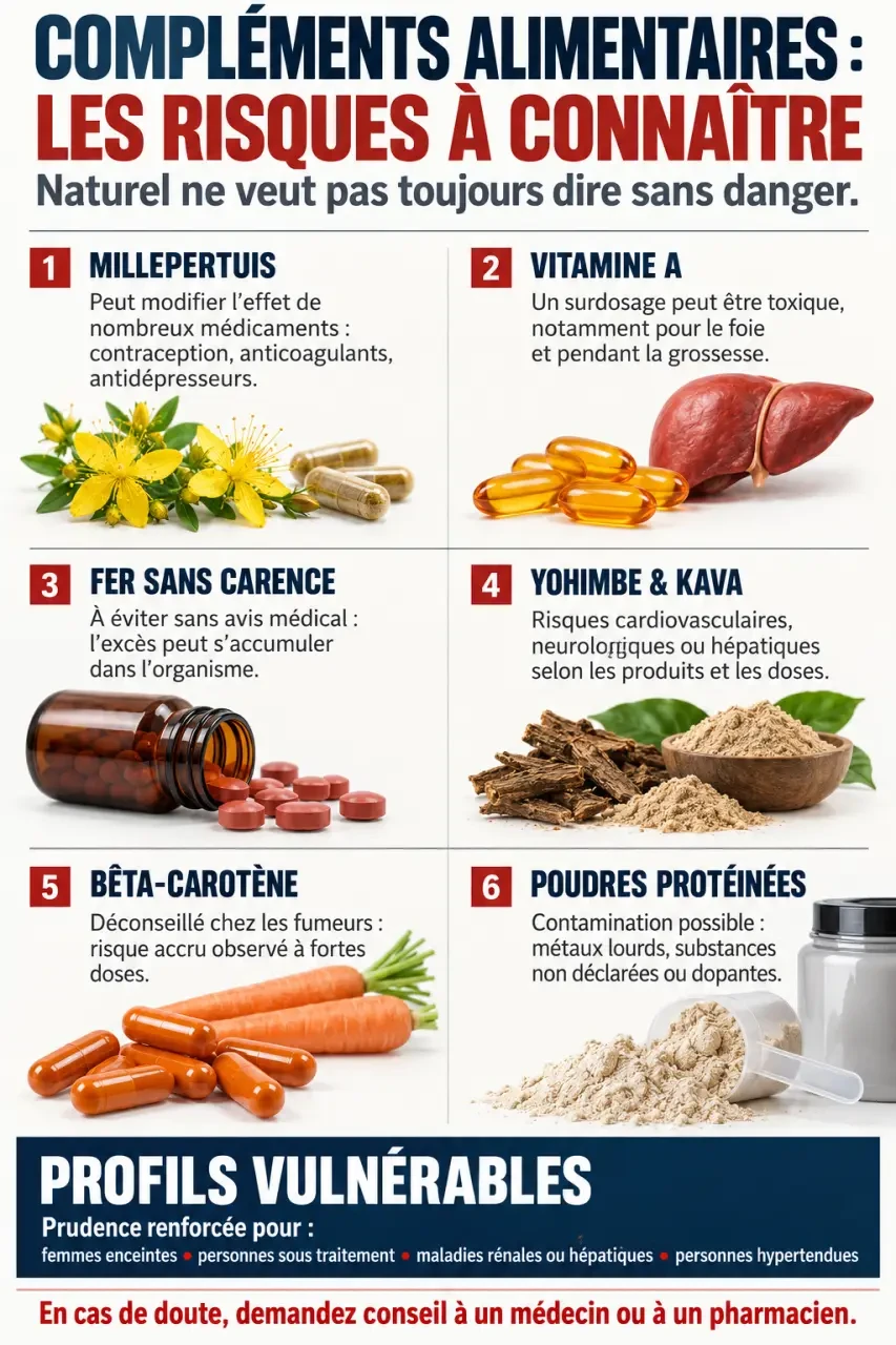Infographie sur les compléments alimentaires dangereux, leurs risques et les profils à risque