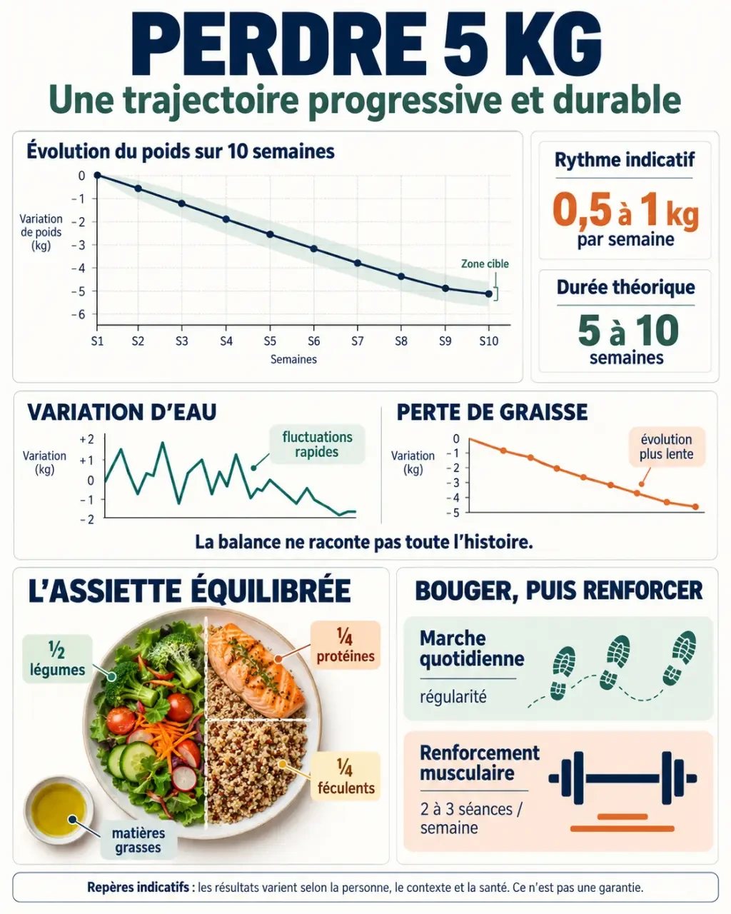 Infographie pour perdre 5 kg progressivement avec alimentation équilibrée, marche et renforcement musculaire