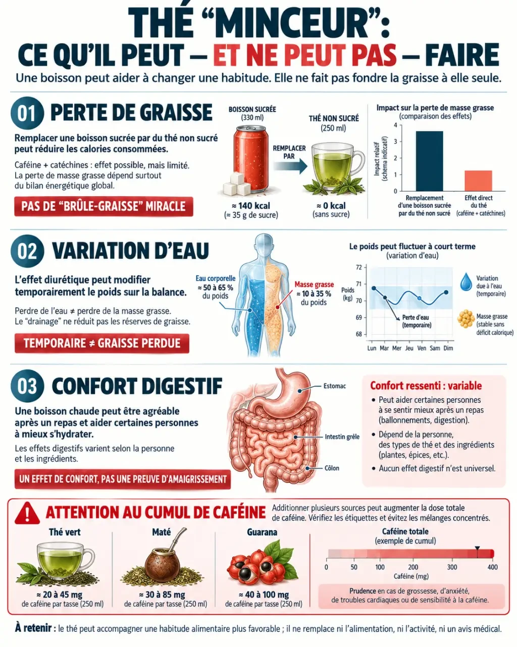 Infographie sur le thé minceur et les différences entre perte de graisse, élimination d’eau et confort digestif