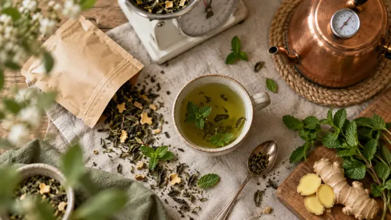 Minceur the : thé vert, balance et infusion sur table
