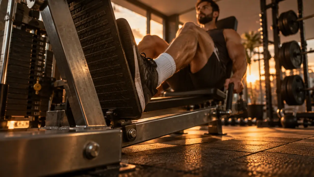Press musculation jambes inclinées en home gym, lumière dorée