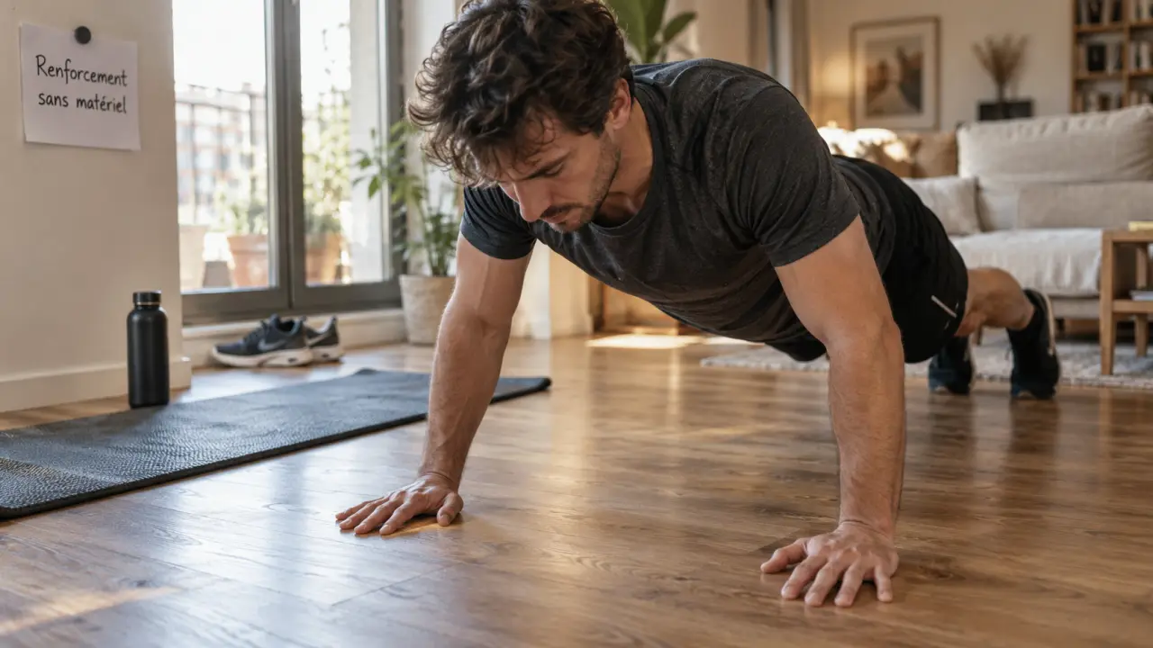 Renforcement musculaire sans matériel : pompes au sol en salon