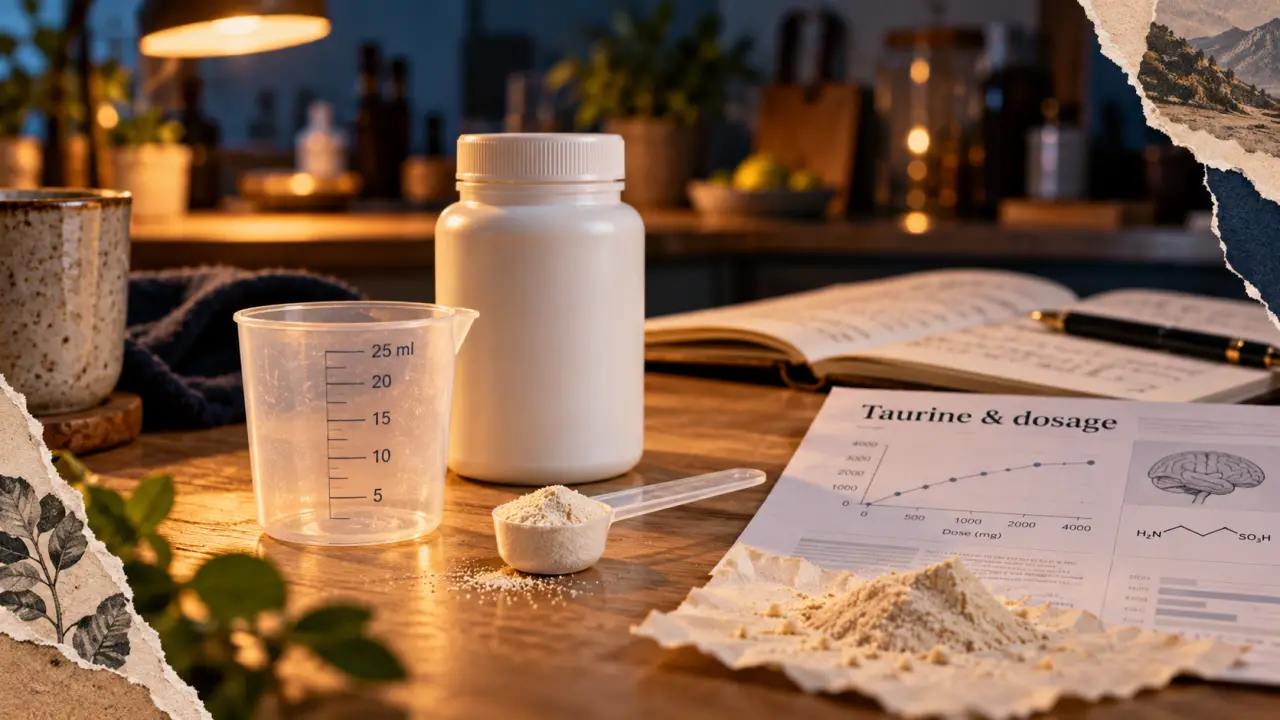 Taurine complément alimentaire : flacon et dosette graduée